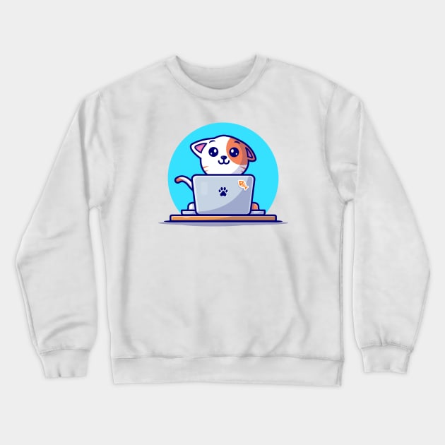 Cute Cat Working On Laptop With Coffee Cup Cartoon Vector Icon Illustration (2) Crewneck Sweatshirt by Catalyst Labs
